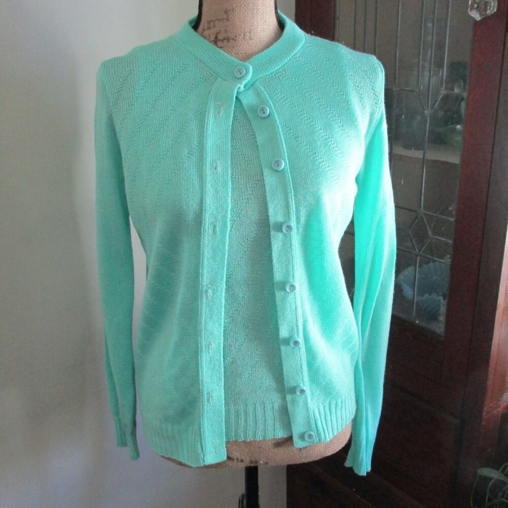 80s/90s Vintage Ms Today Mint Green Pointelle Cardigan Sweater Set Size 2 Pastel